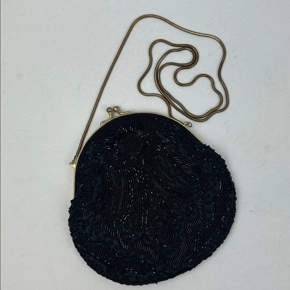 Vintage Black Silk Beaded Kiss Lock Clutch Purse